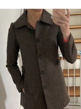 H&M Tailored Herringbone Tweed Coat Wool Brown Jacket With Color Flecks Size 4